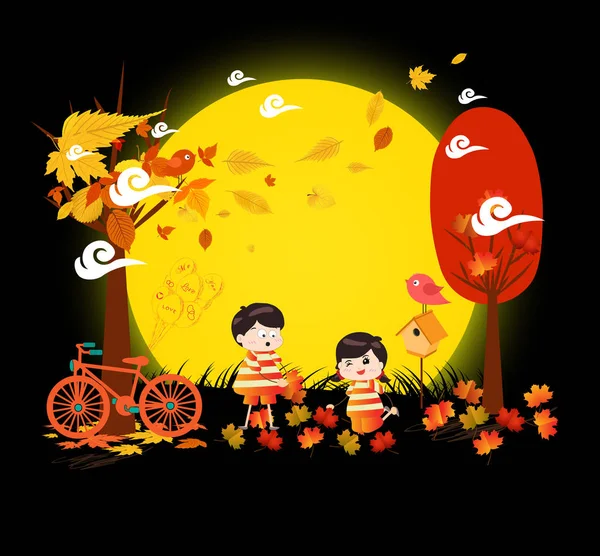 Hello autumn funny kids of a forest in autumn with leaves falling and bicycle under the moonlight — Stock Vector