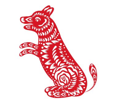 Kırmızı kağıt bir köpek zodyak ile çiçek simgeleri kes.