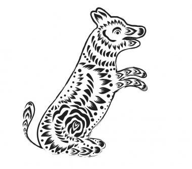 Kırmızı kağıt bir köpek zodyak ile çiçek simgeleri kes.