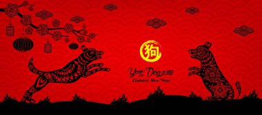 Happy chinese new year 2018 with Silhouette paper cut dog zodiac (hieroglyph: Dog)