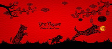 Happy chinese new year 2018 with Silhouette paper cut dog zodiac (hieroglyph: Dog)