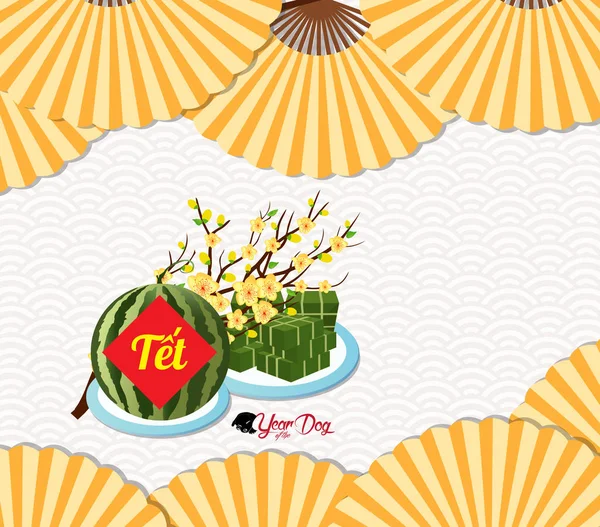 Bolo de arroz glutinoso quadrado cozido, ano novo vietnamita. (Tradução "Tt": Ano Novo Lunar ) — Vetor de Stock