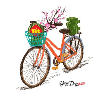 Cooked square glutinous rice cake and blossom, bicycle. Vietnamese new year. (Translation 