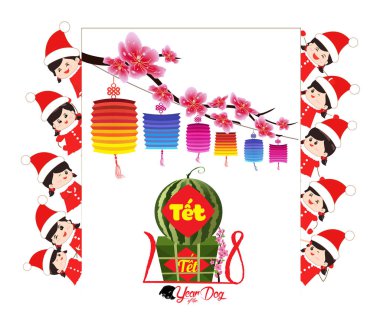 Kare yapışkan pirinç keki ve çiçeği, çocuklar komik pişmiş. Vietnam yeni yıl. (Çeviri 