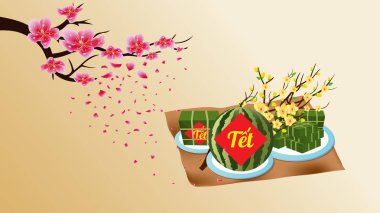 Pişmiş kare yapışkan pirinç keki ve çiçeği, duvar kağıtları. Vietnam yeni yıl. (Çeviri 