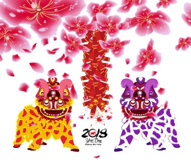 Blossom ve havai fişek ile aslan dans ve Çin yeni yıl