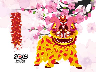 Aslan dans ve Çin yeni yıl havai fişek ile