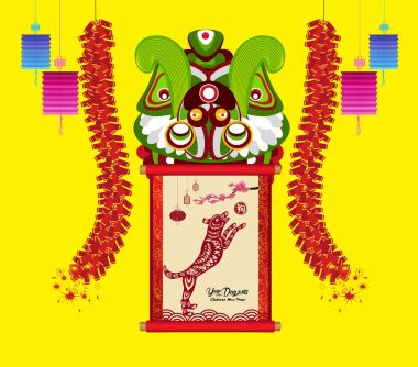 Baş ve havai fişek ile Çin yeni yılı dans aslan (hiyeroglif: köpek)