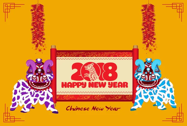 Löwe tanzt chinesisches Neujahr mit Schriftzug und Feuerwerkskörper — Stockvektor