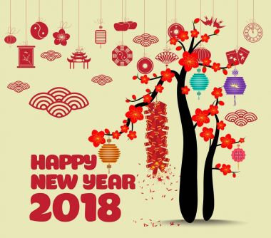 Blossom ve havai fişek ile Çin yeni yılı