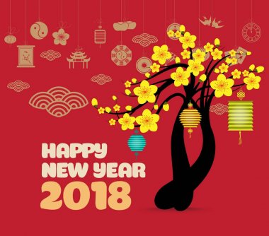 Blossom ve simge öğesi ile aslan dans ve Çin yeni yıl