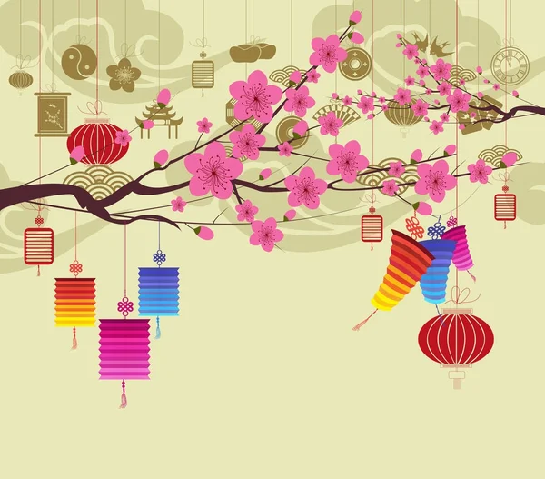 Oriental Happy Chinese New Year 2018 blossom. Chinese baclground — Stock Vector