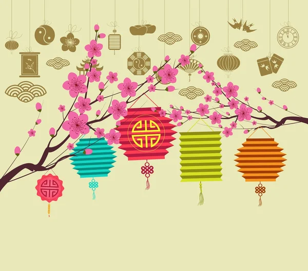Oriental Happy Chinese New Year 2018 de bloesem. Chinese baclground — Stockvector