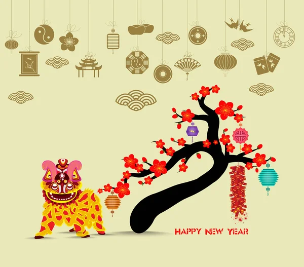 Oriental Happy Chinese New Year 2018 blossom. Lion dance chinese background — Stock Vector