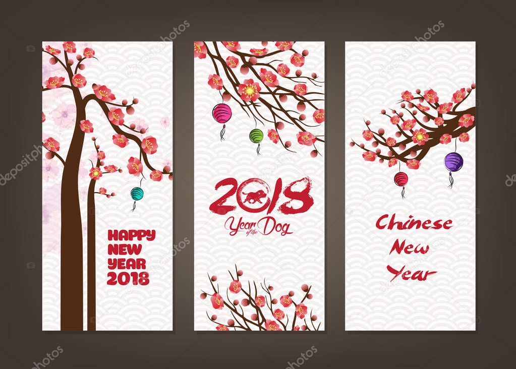 Vertical hand drawn banners set with blossom chinese New Year 