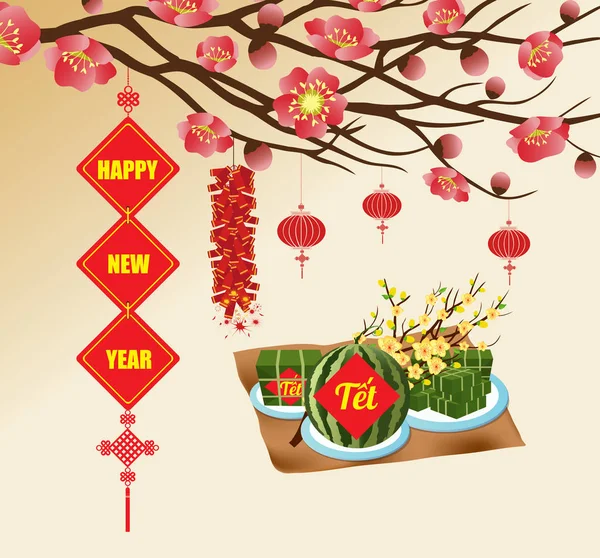 Año nuevo chino fondo floreciendo ramas sakura, año nuevo vietnamita. (Traducción "tet": Año Nuevo lunar ) — Vector de stock