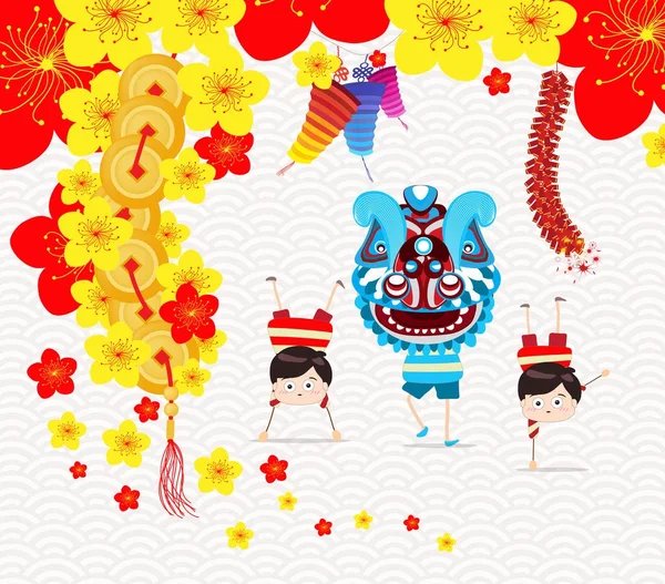 Chinesische Neujahrs-Grußkarte. Löwentanz — Stockvektor