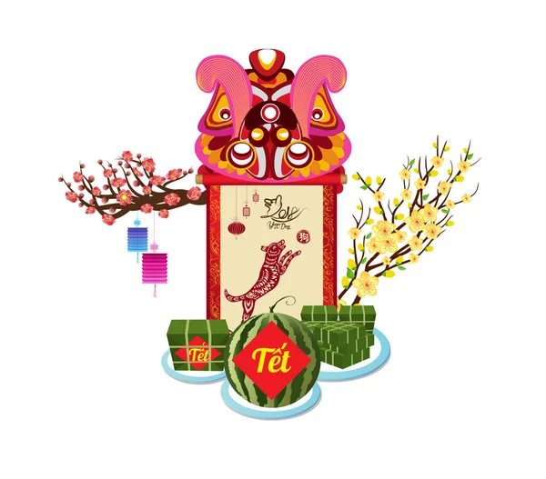 Pastel de arroz glutinoso cuadrado cocido y flor, año nuevo vietnamita. Traducción Tet Lunar año nuevo — Vector de stock