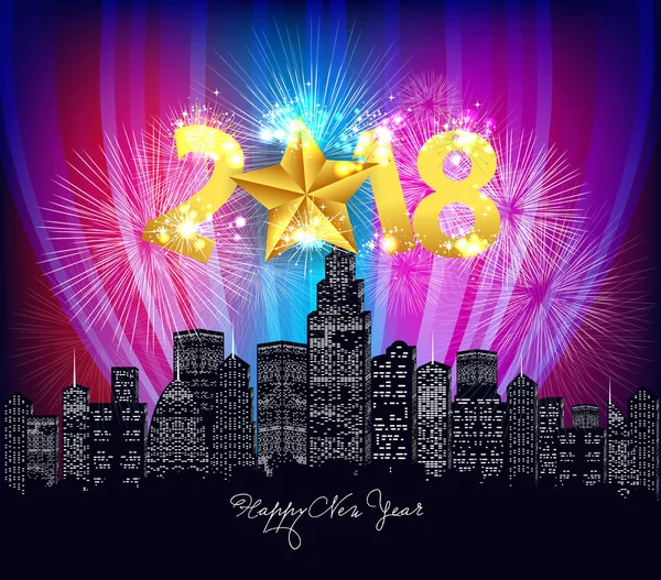 Ευτυχισμένο το νέο έτος ευχετήρια νέον. Πυροτεχνήματα το βράδυ της πόλης 2018 — Διανυσματικό Αρχείο