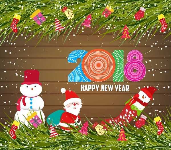 Happy new year 2018, christmas background with snowman and santa claus on wood — Stock Vector