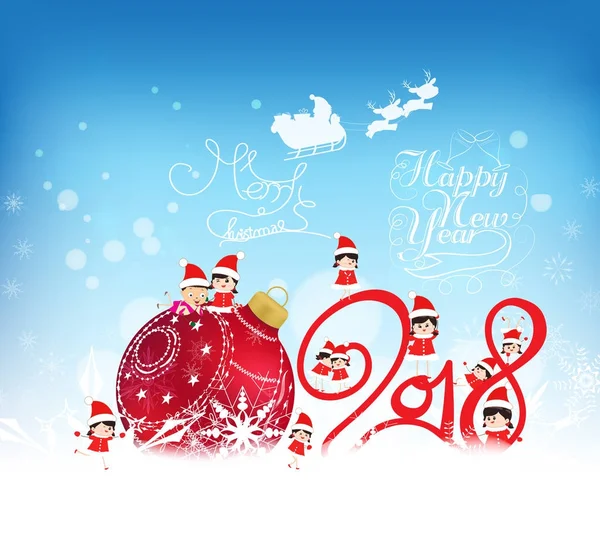 Feliz año nuevo 2018. Fondo de Navidad con adornos rojos, niños, nieve y copos de nieve — Archivo Imágenes Vectoriales