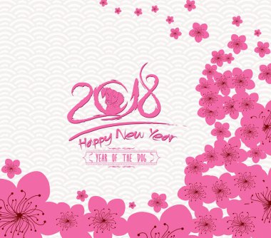 Çin yeni yıl 2018. Erik çiçeği ve horoz arka plan. Köpek yılı 