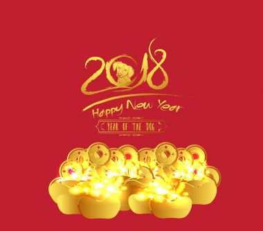 Çin yeni yılı 2018 altın sikke ve kırmızı paketlerden arka plan. Köpek yılı 