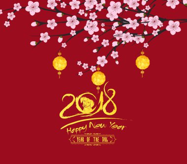  geleneksel Çin yeni yılı. Blossom ve fener arka plan. Köpek yılı 