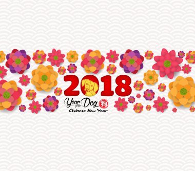 2018 Çin yeni yıl kartı, kağıt kesme sarı köpek ve çiçek açan arka plan ile tebrik 