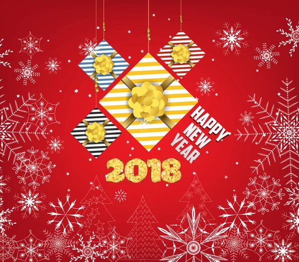 Heureux nouvel an 2018 fond avec des cadeaux et des flocons de neige — Image vectorielle