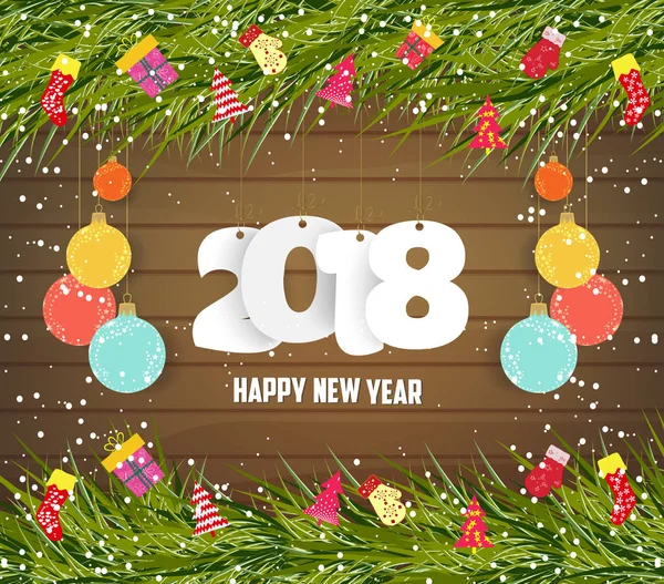 2018 Feliz Natal e Feliz Ano Novo cartão com abeto e bolas de Natal — Vetor de Stock
