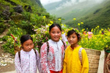 Dong Van, Ha Giang, Vietnam, 14 Kasım 2017: Hagiang, Vietnam kolza tohumu çiçek sepetleri tanımlanamayan etnik azınlık çocuklar. Hagiang Vietnam en kuzeydeki bir ildir