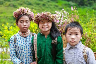 Dong Van, Ha Giang, Vietnam, 14 Kasım 2017: Hagiang, Vietnam kolza tohumu çiçek sepetleri tanımlanamayan etnik azınlık çocuklar. Hagiang Vietnam en kuzeydeki bir ildir