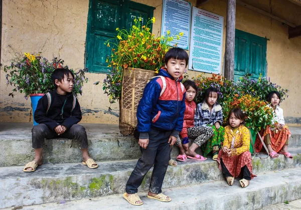DONG VAN, HA GIANG, VIETNAM, 14 de novembro de 2017: Crianças de minorias étnicas não identificadas com cestas de flores de colza em Hagiang, Vietnã. Hagiang é uma província do Vietnã localizada na província de Hagiang. — Fotografia de Stock