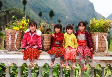 Dong Van, Ha Giang, Vietnam, 18 Kasım 2017: Hagiang, Vietnam kolza tohumu çiçek sepetleri tanımlanamayan etnik azınlık çocuklar. Hagiang Vietnam en kuzeydeki bir ildir