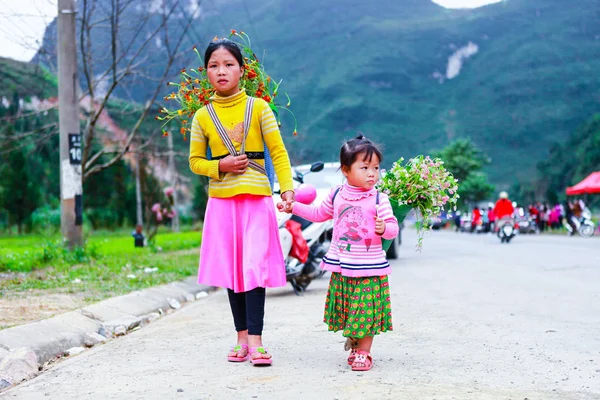 Dong bestelwagen, Ha Giang, Vietnam, 18 November 2017: Unidentified allochtone kinderen met manden van koolzaad bloem in Hagiang, Vietnam. Hagiang is een noordelijkste provincie in Vietnam — Stockfoto