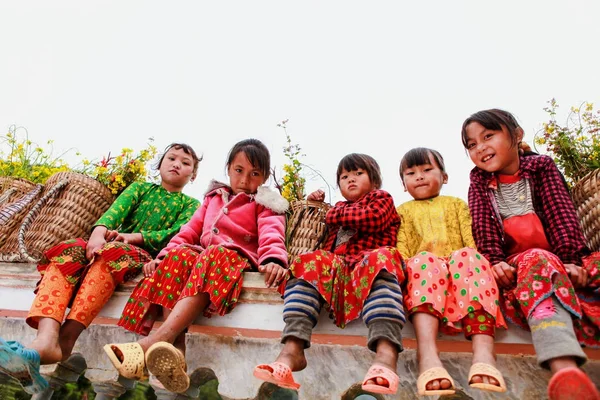 Dong Van, Ha Giang, Vietnam, 18 Kasım 2017: Hagiang, Vietnam kolza tohumu çiçek sepetleri tanımlanamayan etnik azınlık çocuklar. Hagiang Vietnam en kuzeydeki bir ildir
