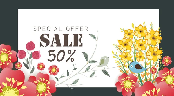 Vårens Försäljning Banner Med Pappersblommor Gul Bakgrund Vektorillustration Banner Perfekt — Stock vektor