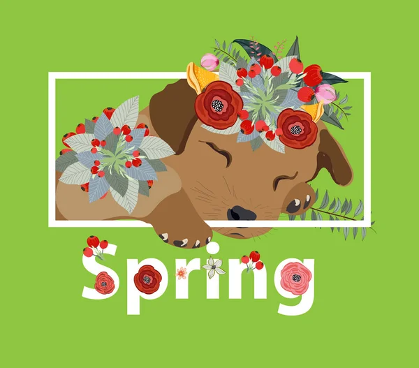 Blommig Våren Bakgrund Med Hund Och Vit Text — Stock vektor
