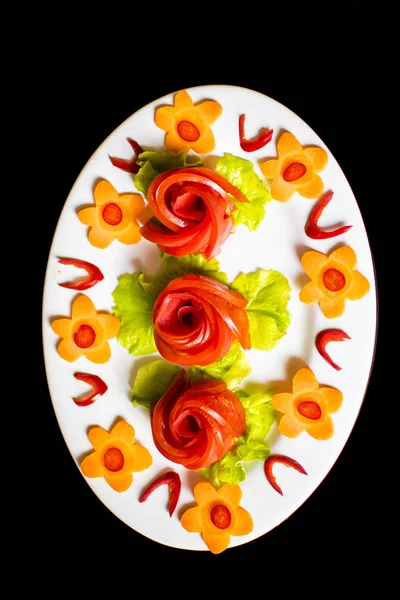 Sliced Fresh Chili Tomatoes Carrot Flower Top — Stock Photo, Image