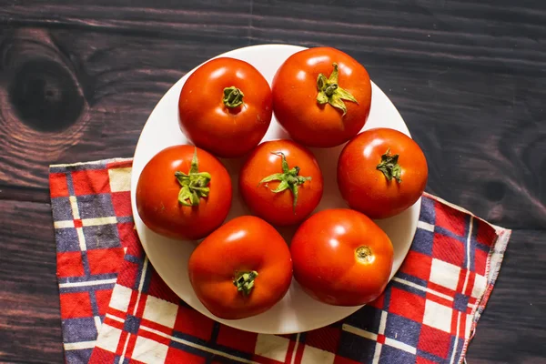 Close Fresh Ripe Tomatoes Wood Background — Stock Photo, Image