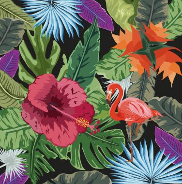 Yaz tropikal arka plan. Palmiye ve muz ile Flamingo kuş bırakır, monstera ve tatula çiçekler