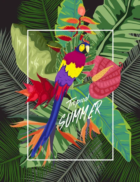 海报热带植物群和动物区系 鹦鹉背景 — 图库矢量图片