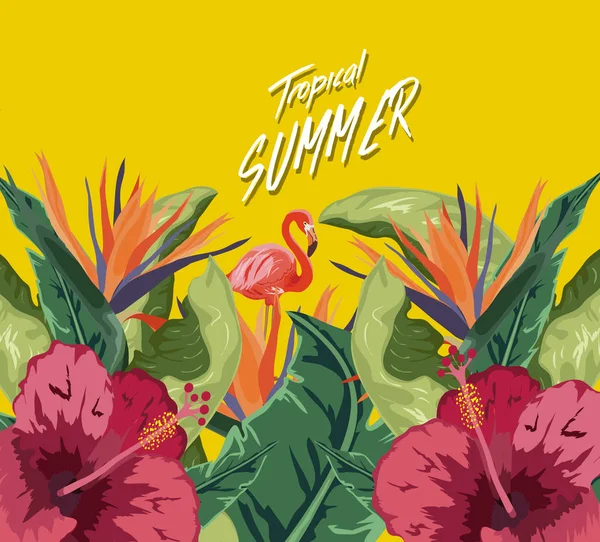 Fondo Tropical Verano Pájaro Flamenco Con Hojas Palma Plátano Flores — Vector de stock