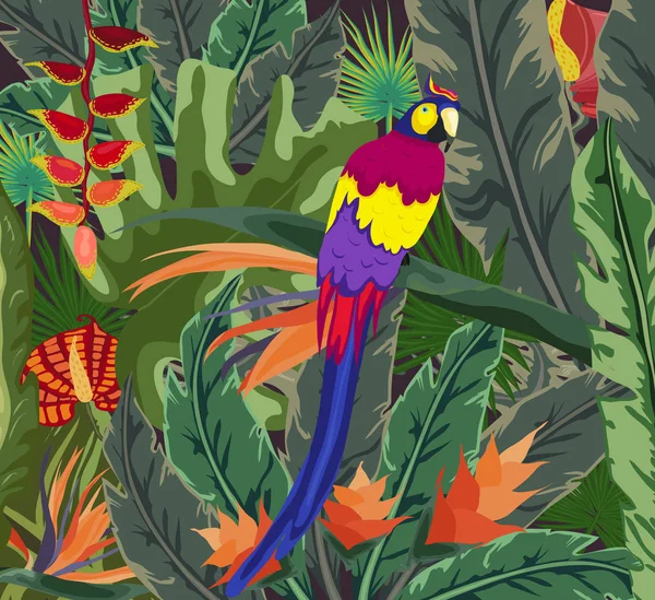 Affischer Tropisk Flora Och Fauna Tropiska Växt Papegoja Bakgrund — Stock vektor