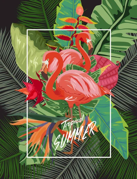 夏季热带背景 有棕榈和香蕉叶 龟背竹和曼陀罗花的火烈鸟鸟 — 图库矢量图片