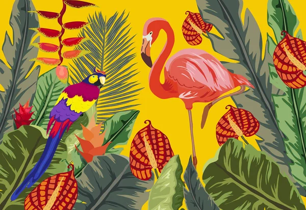 Sommar Tropiska Bakgrunden Flamingo Fågel Med Palm Och Banan Blad — Stock vektor
