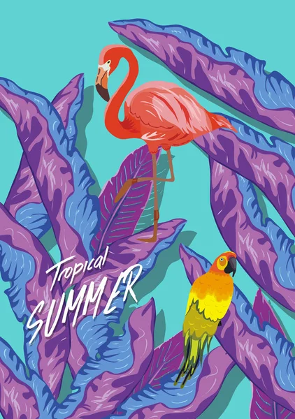 Fondo Tropical Verano Pájaro Flamenco Con Hojas Palma Plátano Loro — Vector de stock