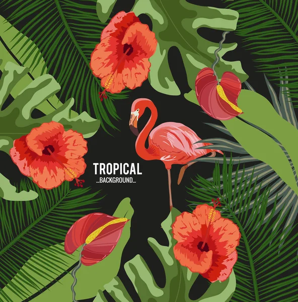 Sommar Tropiska Bakgrunden Flamingo Fågel Med Palm Och Banan Blad — Stock vektor