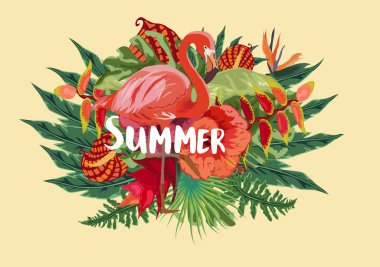 Yaz tropikal tasarım afiş veya el ilanı ile egzotik palmiye yaprakları, hibiscus çiçek ve flamingo
